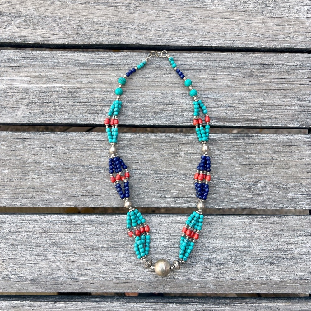 Sterling Silver Turquoise and Red Beaded Necklace
